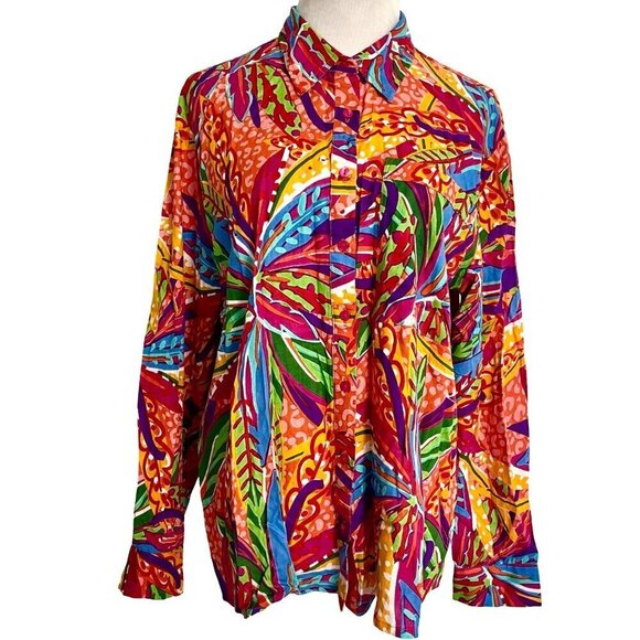 True Destinations Size Small  Top Blouse Button Down Colorful Vacation Collared - Picture 1 of 7